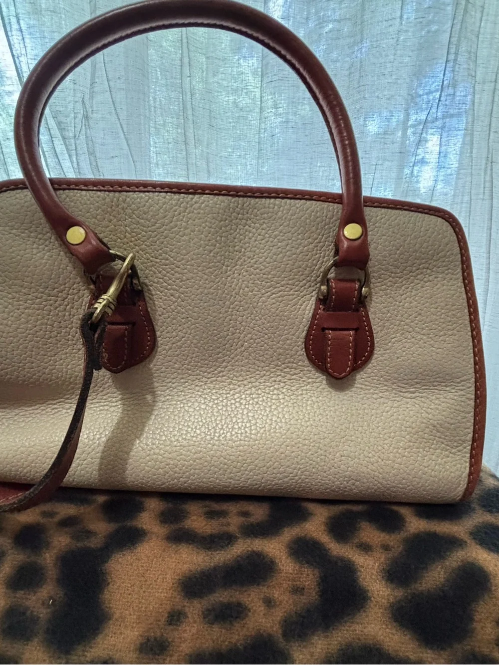 Vintage Liz Claiborne Leather Top-Handle Bag Cream and Brown & shoulder strap